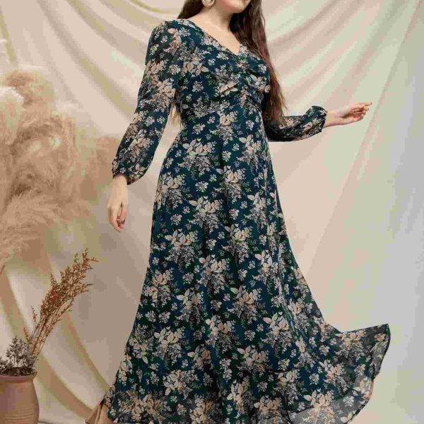 E.B Modely مقاس كبير فستان ماكسي زهور عشوائية طباعة ثنية أكمام فانوس