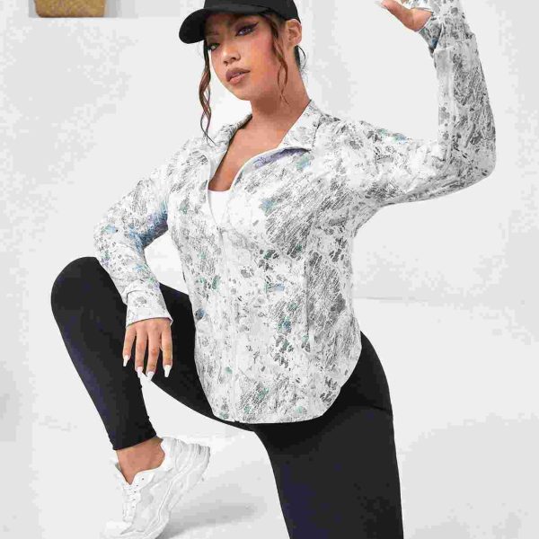 Yoga Basic جاكيت رياضي طباعة شامل ثقب إبهام سستة مقاس كبير