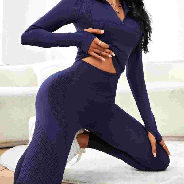 Yoga Trendy طقم رياضي بلون سادة وسحاب نصفي للتمرينات الرياضية