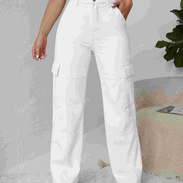 E.B EZwear بنطلون جينز كارجو خصر عالي جيب جانبي قلاب