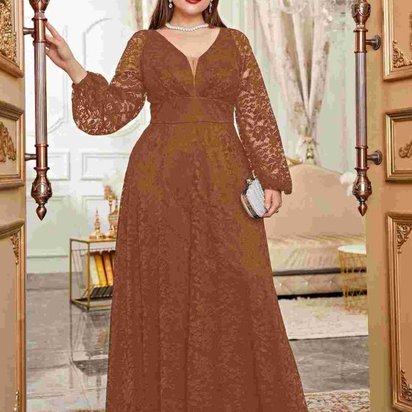 E.B Modely فستان رسمي ادخال شبكي دانتيل أكمام فانوس مقاس كبير