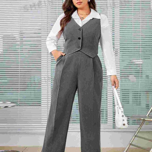 E.B EZwear سترة وبنطلون نسائي بمقاس زائد مقاوم للتجاعيد ولون صلب، مجموعة 2 قطعة