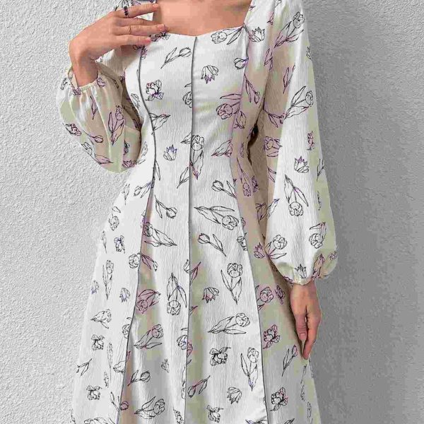 E.B Modely فستان بأكمام طويلة وطبعة زهور وياقة بشكل قلب لربيع مع خصر مطاطي
