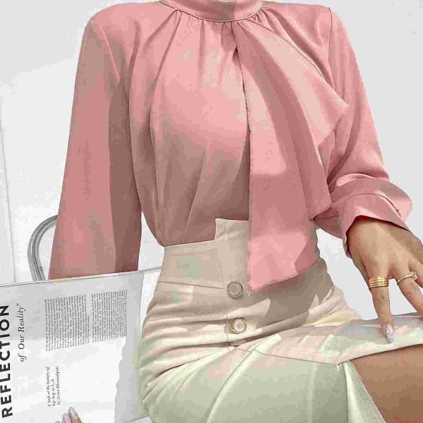 E.B Modely بلوزة نسائية مجسمة بلون صلب وتنورة ضيقة بتصميم شق، ملابس العمل مكونة من قطعتين