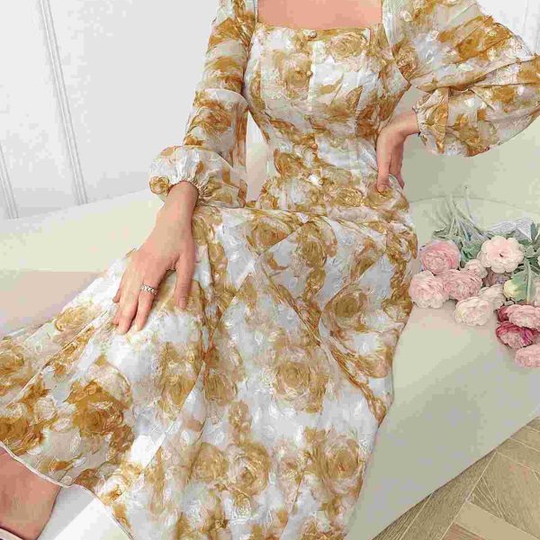 E.B Modely فستان نسائي عاري الذراعين بطبعات الورود وأكمام طويلة للعطلات الصيفية