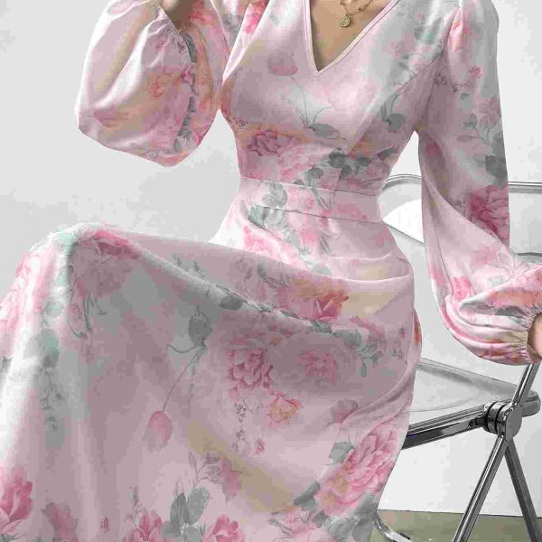 E.B Modely فستان طويل أنيق للنساء بأكمام بأسلوبالقنديل المزخرفة بطبعات زهرية و حزام خصر، ربيع / صيف
